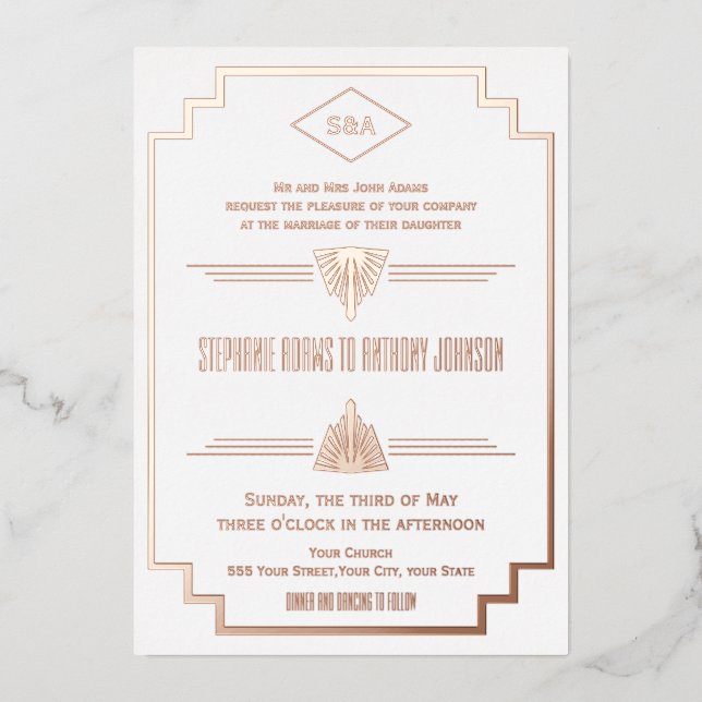 Invitation En Aluminium Monogram Rose Gold et White Art Deco Mariage (Recto)