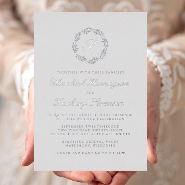 Invitation En Aluminium Monogramme argenté classique Mariage gris de scrip (Créateur téléchargé)