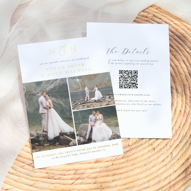 Invitation En Aluminium Monogramme brillant QR Code 3 Photo Collage Mariag (Créateur téléchargé)