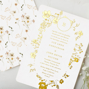 Invitation En Aluminium Monogramme Cercle Doré Ovale Fleur Séchée Sauvage