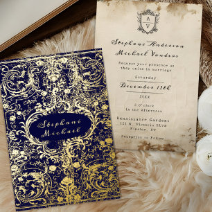 Invitation En Aluminium Monogramme Crête Antique Enroulé Bleu Marine Maria