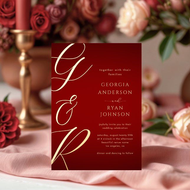 Invitation En Aluminium Monogramme Crimson Red Gold Mariage surdimensionné (Créateur téléchargé)