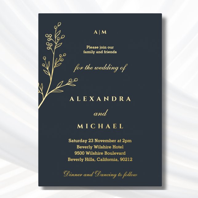 Invitation En Aluminium Monogramme de charbon Botanique Minimaliste Or (Créateur téléchargé)