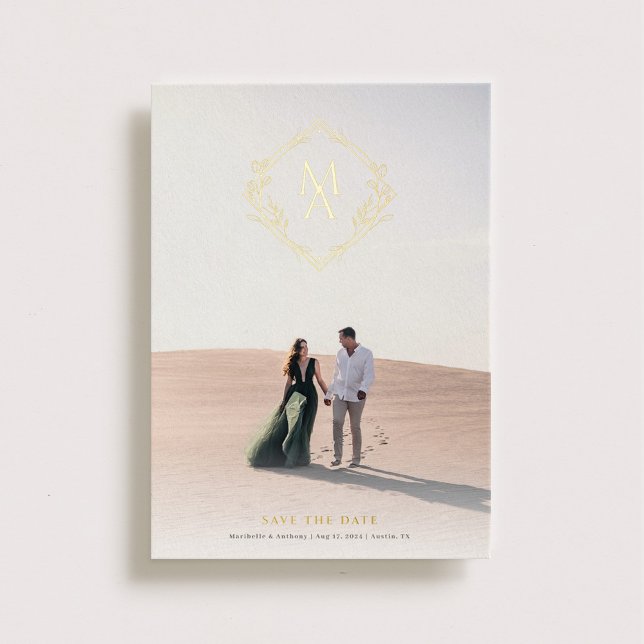 Invitation En Aluminium Monogramme diamant avec fleurs Or Enregistrer la d (Créateur téléchargé)