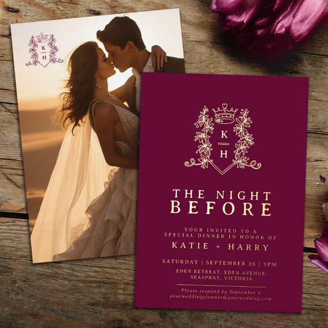 Invitation En Aluminium Monogramme d'or vin rouge mariage nuit avant (Créateur téléchargé)