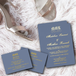 Invitation En Aluminium Monogramme Elegant Dusty Mariage bleu et or