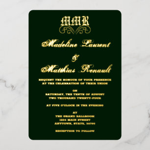 Invitation En Aluminium Monogramme Elegant Vert foncé et Mariage or
