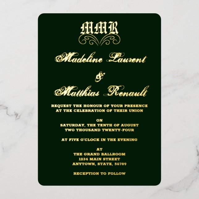 Invitation En Aluminium Monogramme Elegant Vert foncé et Mariage or (Recto)