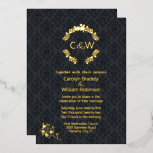 Invitation En Aluminium Monogramme en couronne florale Mariage damassé noi