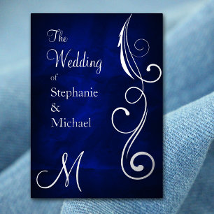 Invitation En Aluminium Monogramme et spirale sur le Mariage d'argent bleu