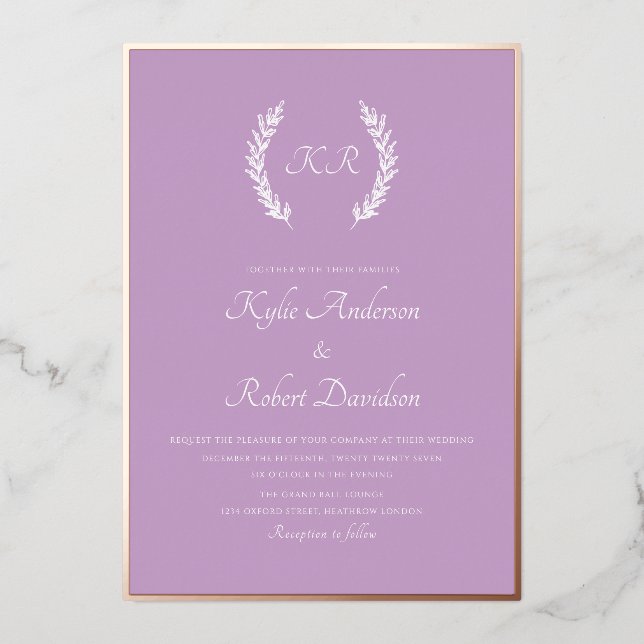 Invitation En Aluminium Monogramme floral minimal moderne Rose lavande Or (Recto)
