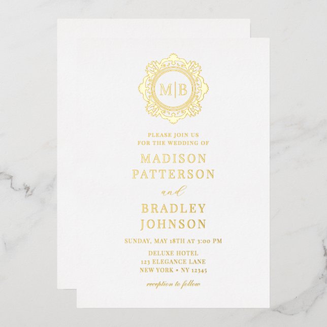 Invitation En Aluminium Monogramme floral orné Mariage Élégant (Recto/Verso)