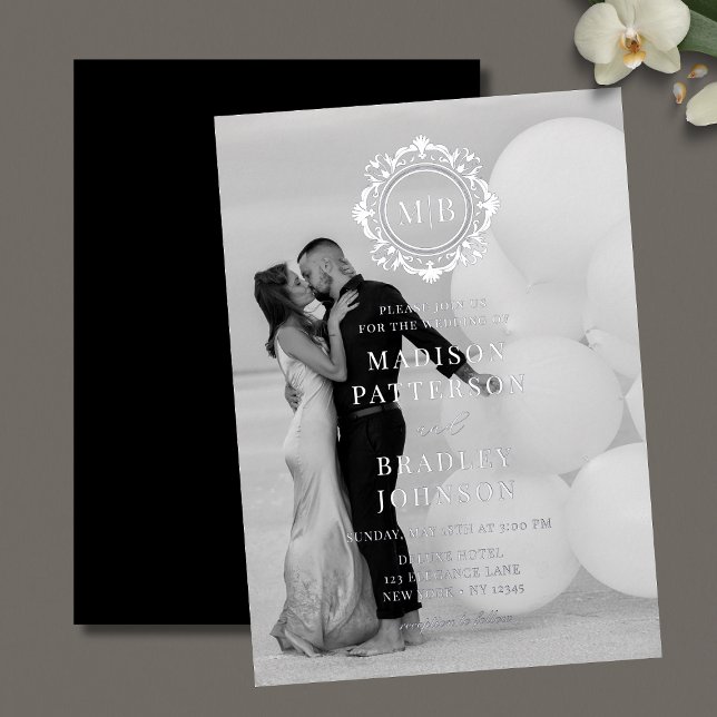 Invitation En Aluminium Monogramme Floral Orné Mariage Photo Élégant (Créateur téléchargé)