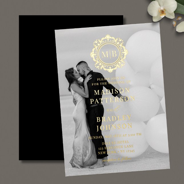 Invitation En Aluminium Monogramme Floral Orné Mariage Photo Élégant (Créateur téléchargé)
