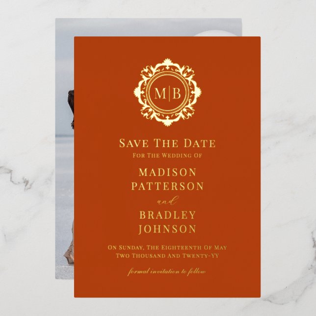 Invitation En Aluminium Monogramme Floral Orné Mariage Photo Enregistrer L (Recto/Verso)