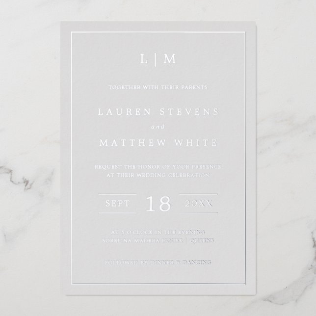 Invitation En Aluminium Monogramme gris clair simple Mariage élégant (Recto)