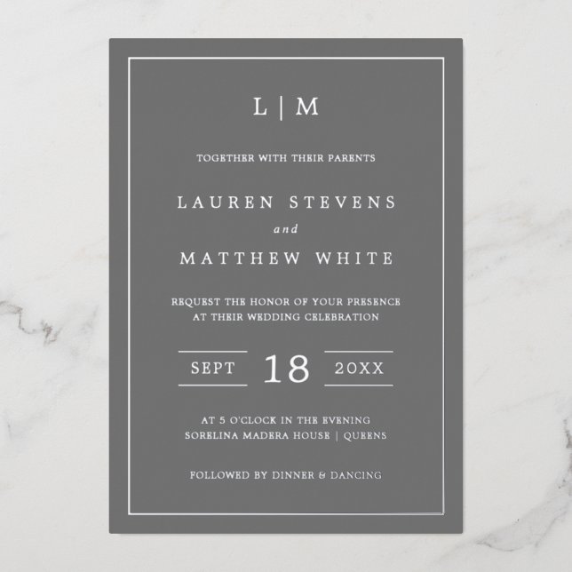 Invitation En Aluminium Monogramme gris foncé simple Mariage élégant (Recto)