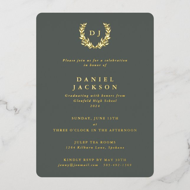 Invitation En Aluminium Monogramme gris-vert + Laurel Wreath Graduation (Recto)