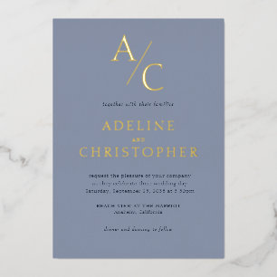 Invitation En Aluminium Monogramme moderne Dusty Blue Gold