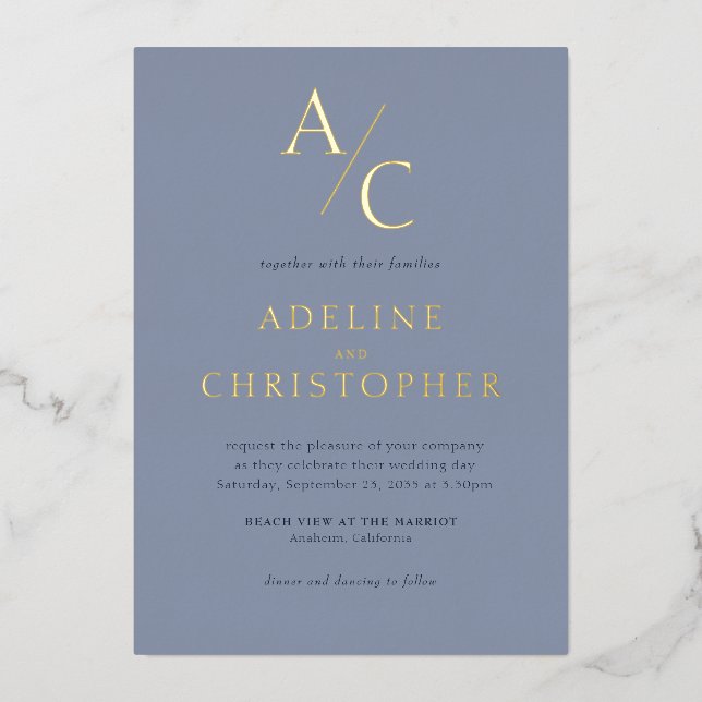 Invitation En Aluminium Monogramme moderne Dusty Blue Gold (Recto)