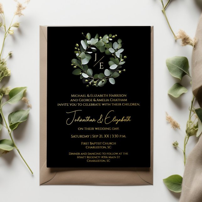 Invitation En Aluminium Monogramme moderne Eucalyptus Wreath Black (Black Modern Monogram Eucalyptus Wreath Foil Wedding Invitation)