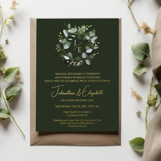 Invitation En Aluminium Monogramme moderne Eucalyptus Wreath Dark Green (Dark Green Modern Monogram Eucalyptus Wreath Foil Wedding Invitation)