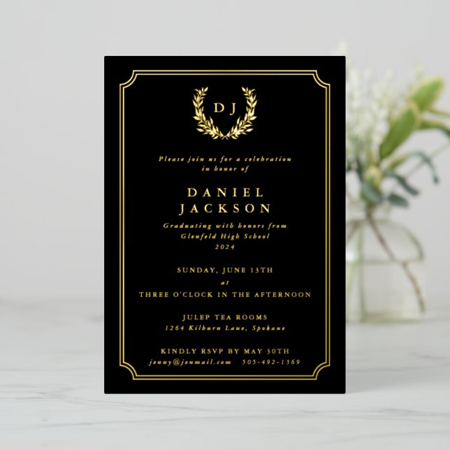 Invitation En Aluminium Monogramme noir classique + Laurel Wreath Graduati (Debout devant)