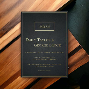 Invitation En Aluminium Monogramme Noir Et Or Moderne Mariage Rustique