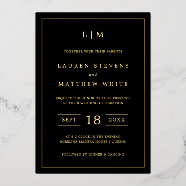 Invitation En Aluminium Monogramme noir simple Mariage élégant (Recto)