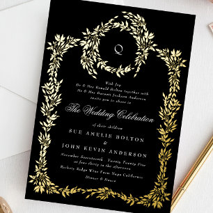 Invitation En Aluminium Monogramme or Noir Crest Mariage classique