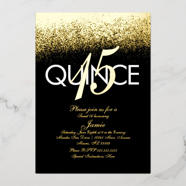 Invitation En Aluminium Monogramme Quince Parties scintillant pressée Or (Recto)