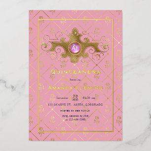 Invitation En Aluminium Monogramme Quinceañera de pierre précieuse rose et
