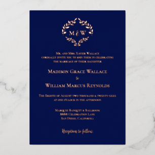 Invitation En Aluminium Monogramme Rose Gold Blue Luxe Crête Élégante