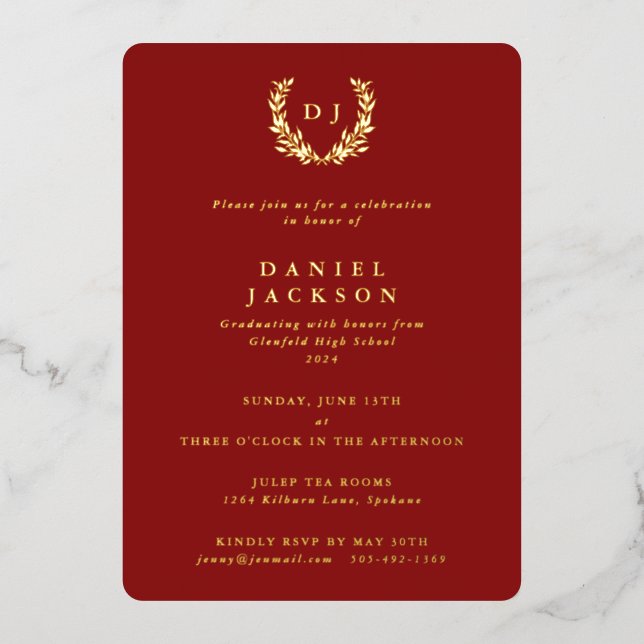 Invitation En Aluminium Monogramme rouge + Laurel Wreath Graduation (Recto)