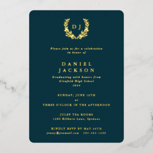 Invitation En Aluminium Monogramme sarcelle foncé + Couronne de laurier po