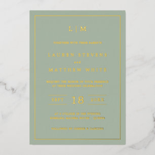 Invitation En Aluminium Monogramme simple Elégant Sage Green Mariage Gold