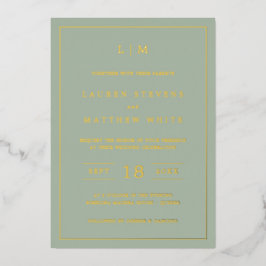 Invitation En Aluminium Monogramme simple Elégant Sage Green Mariage Gold