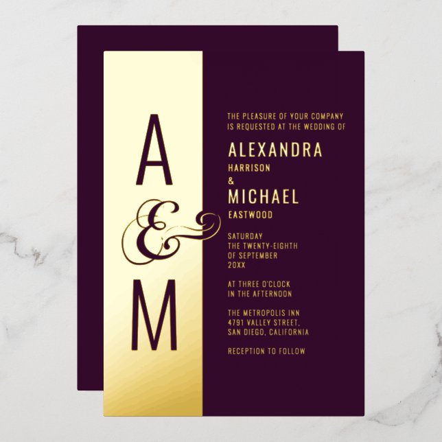 Invitation En Aluminium Monogramme Typographie Mariage bourguignonne moder (Recto/Verso)