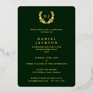 Invitation En Aluminium Monogramme vert foncé + Laurel Wreath Graduation