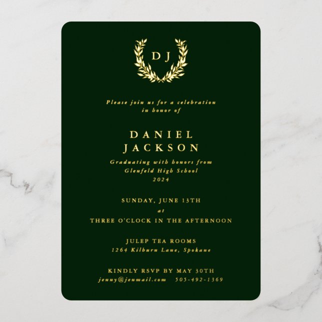 Invitation En Aluminium Monogramme vert foncé + Laurel Wreath Graduation (Recto)