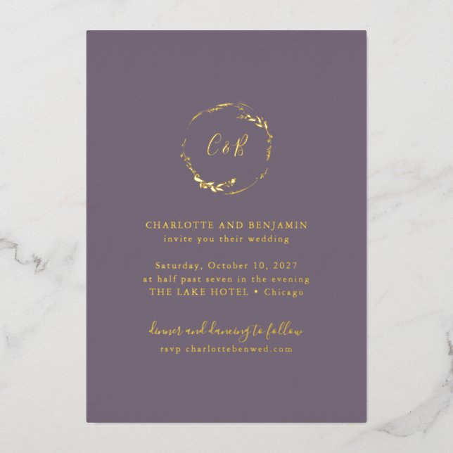 Invitation En Aluminium Monogramme violet foncé Floral Wreath Script Maria (Recto)