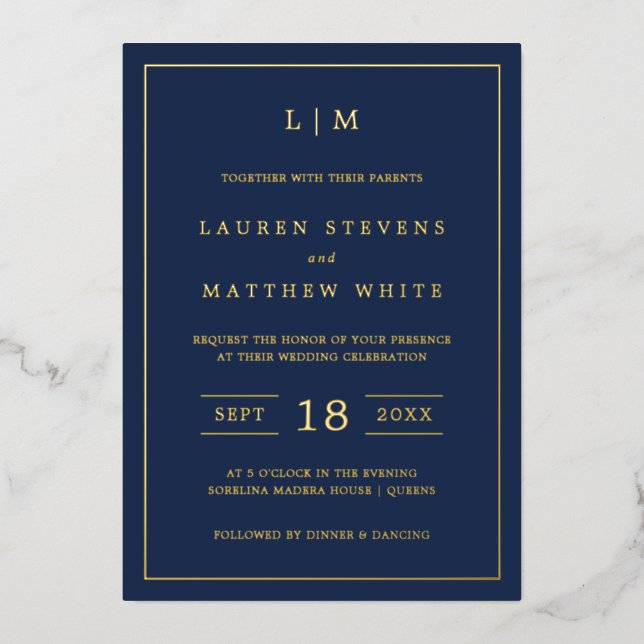 Invitation En Aluminium Monographie bleu marine simple Mariage élégant (Recto)