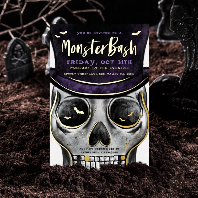 Invitation En Aluminium Monster Bash Éffrayante Skeleton Halloween Party (Monster Bash Spooky Skeleton Halloween Party Foil Invitation)