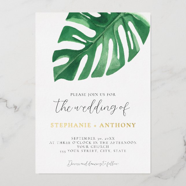 Invitation En Aluminium Monstère tropicale verte Feuille Mariage d'été (Recto)