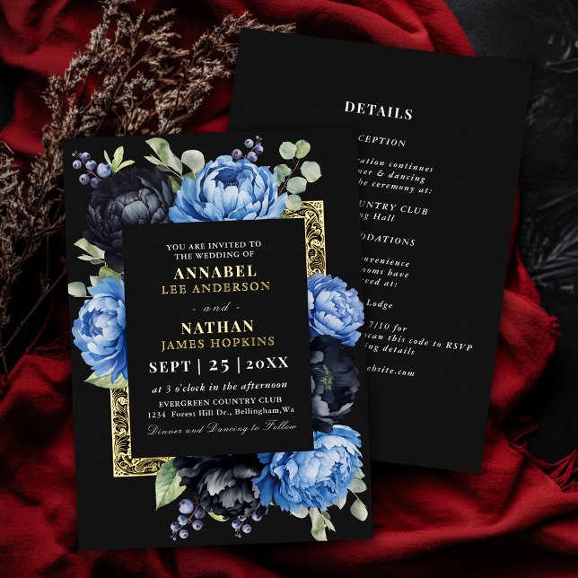 Invitation En Aluminium Moody Blue et Black Elegant Floral Mariage (Créateur téléchargé)