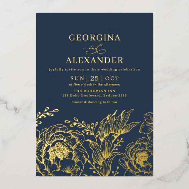 Invitation En Aluminium Moody moderne Marine Blue Gold Botanical Mariage (Recto)