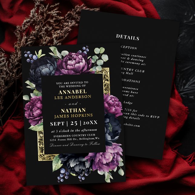 Invitation En Aluminium Moody Purple et Black Elegant Mariage floral (Créateur téléchargé)