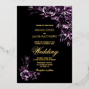 Invitation En Aluminium Moody Purple Floral Gold Mariage texte