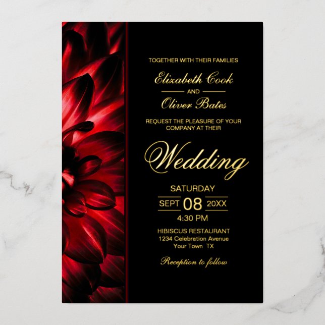 Invitation En Aluminium Moody Red Dahlia Floral Gold Texte Mariage (Recto)