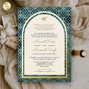 Invitation En Aluminium Motif Bleu Marocain Sikh Arc Mariage Or